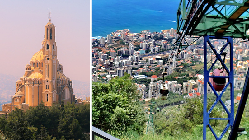 Den grekiska basilikan p toppen av Harissaberget och kabelbana ner frn Harissaberget i Libanon.